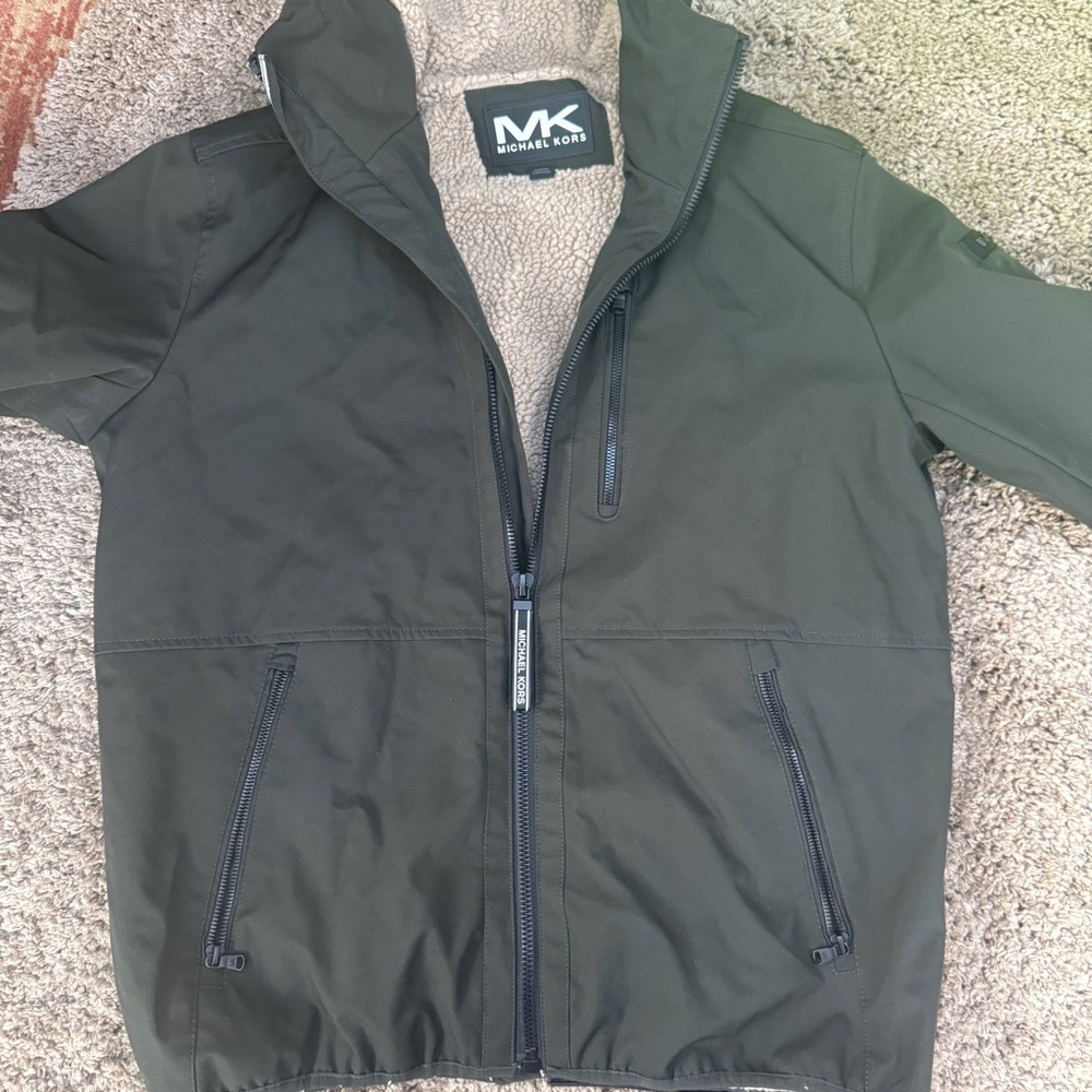 Michael Kors Men's Full-Zip Sherpa Fleece Jacket Coat, Dark Green